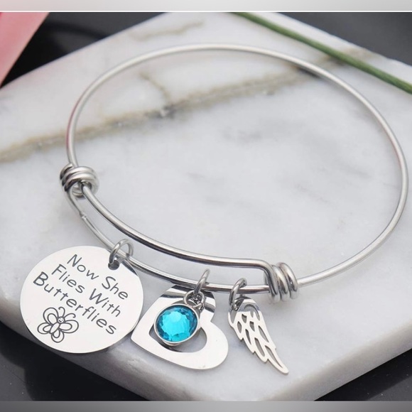 Now She Flies With Butterflies Bracelet Bangle Loss of Loved One Gift - Picture 4 of 5